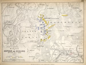 Mapa bitwy pod Aspern lub Essling, wydana przez William Blackwood and Sons, Edinburgh i Londyn, 1848 (rycina ręcznie kolorowana)